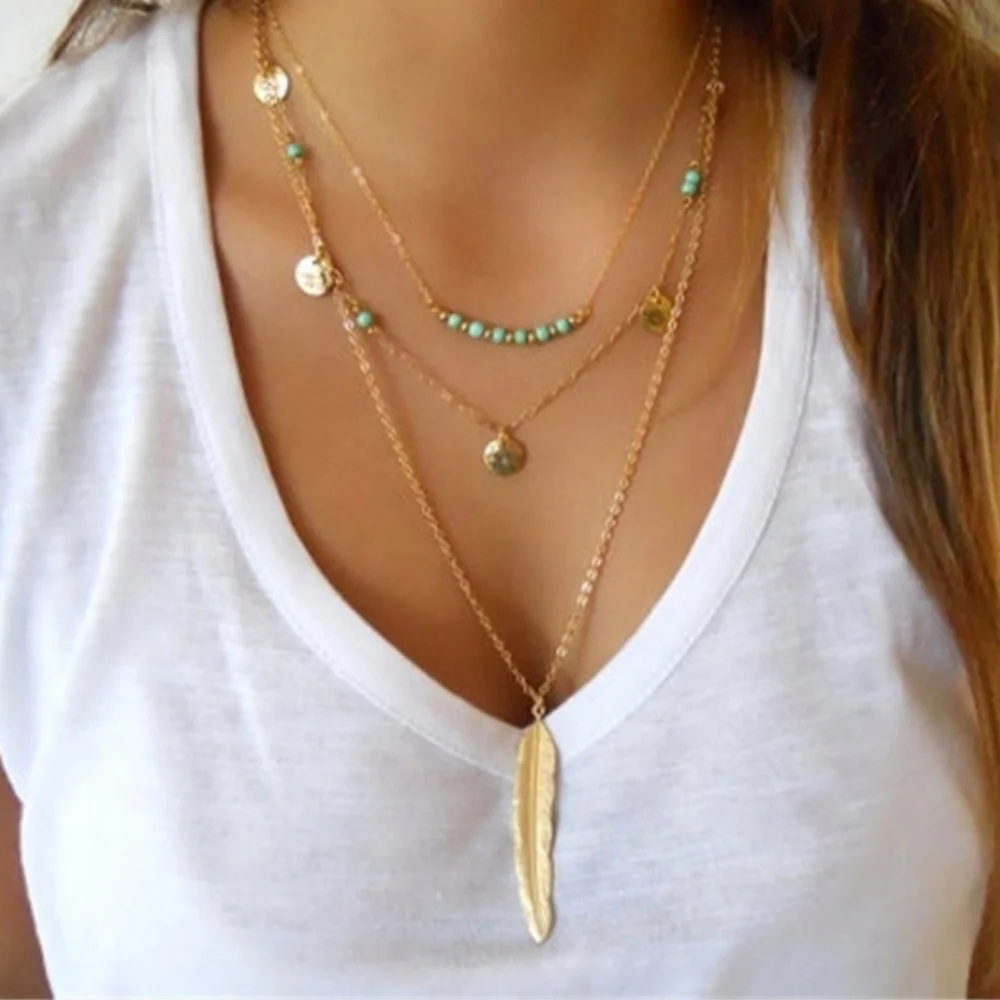 Gold Tone Layered Feather Necklace